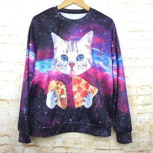 Cat Eating Pizza Taco Universe Galaxy Sweatshirt Men XL Long Sleeve Kawaii
